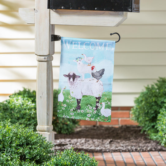 Hillside Pasture Welcome Farm Friends Suede Garden Flag
