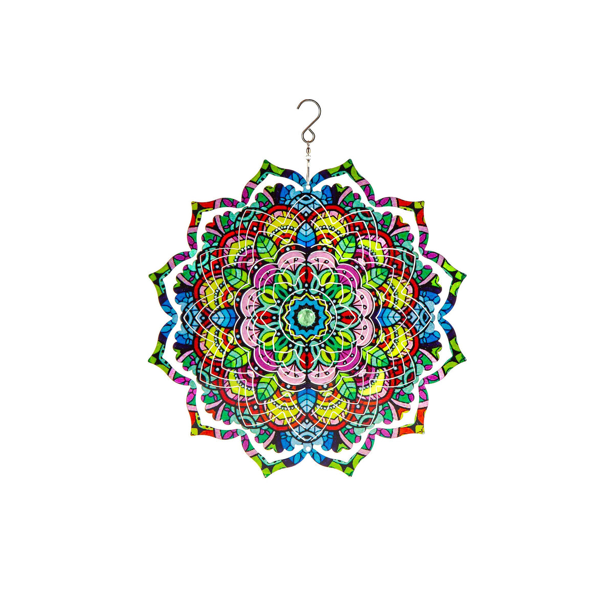 12" 3D Optical Illusion Hanging Metal Spinner, Mandala Flower