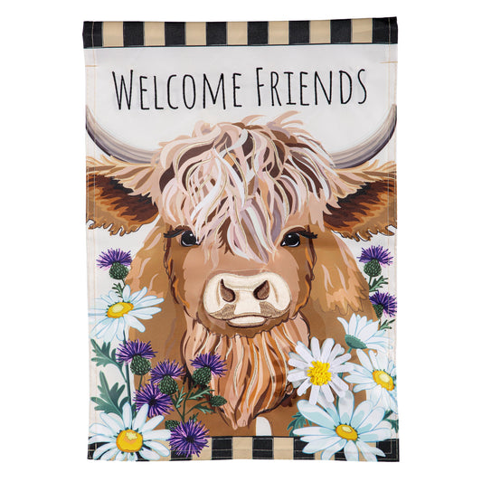 Hillside Pasture Highland Cow Welcome Friends Applique Garden Flag