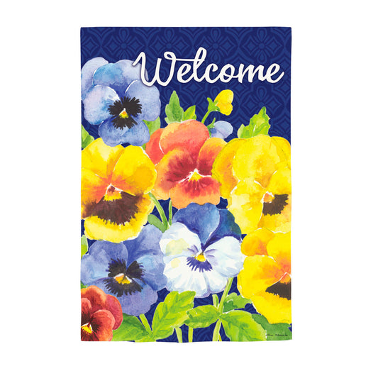 Welcome Pansies Suede House Flag