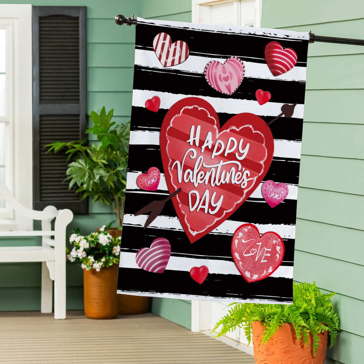 Striped Hearts Burlap House Flag