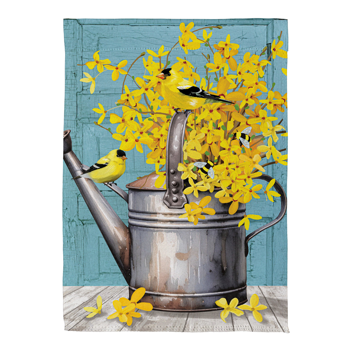 Forsythia Finch Watering Can Suede Garden Flag