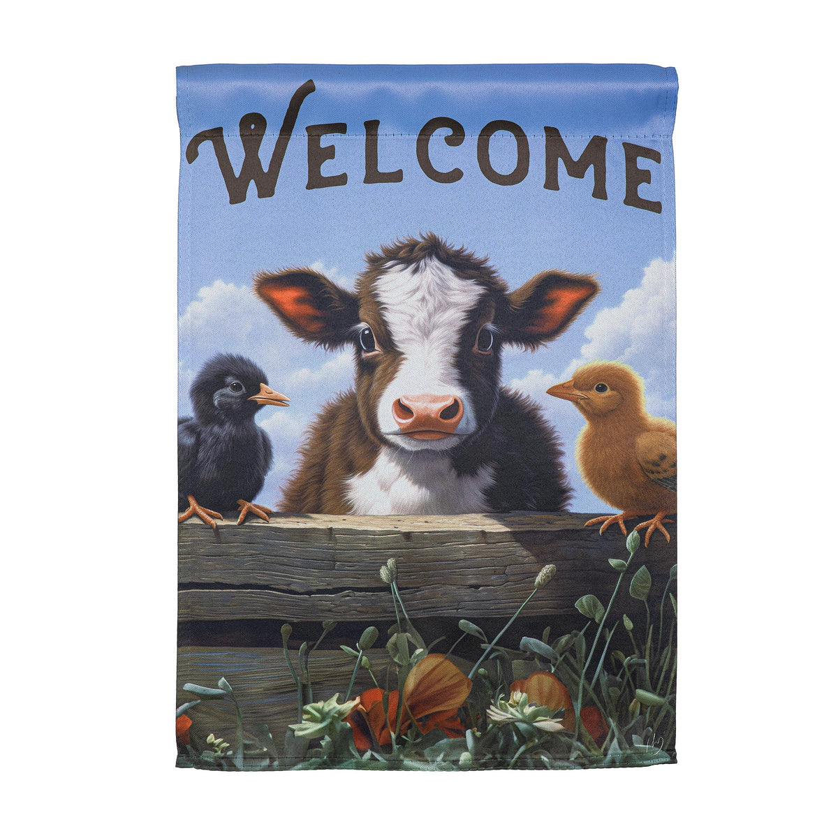 Hillside Pasture Cow and Chicks Suede Garden Flag