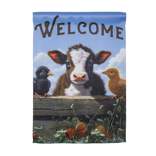 Hillside Pasture Cow and Chicks Suede Garden Flag