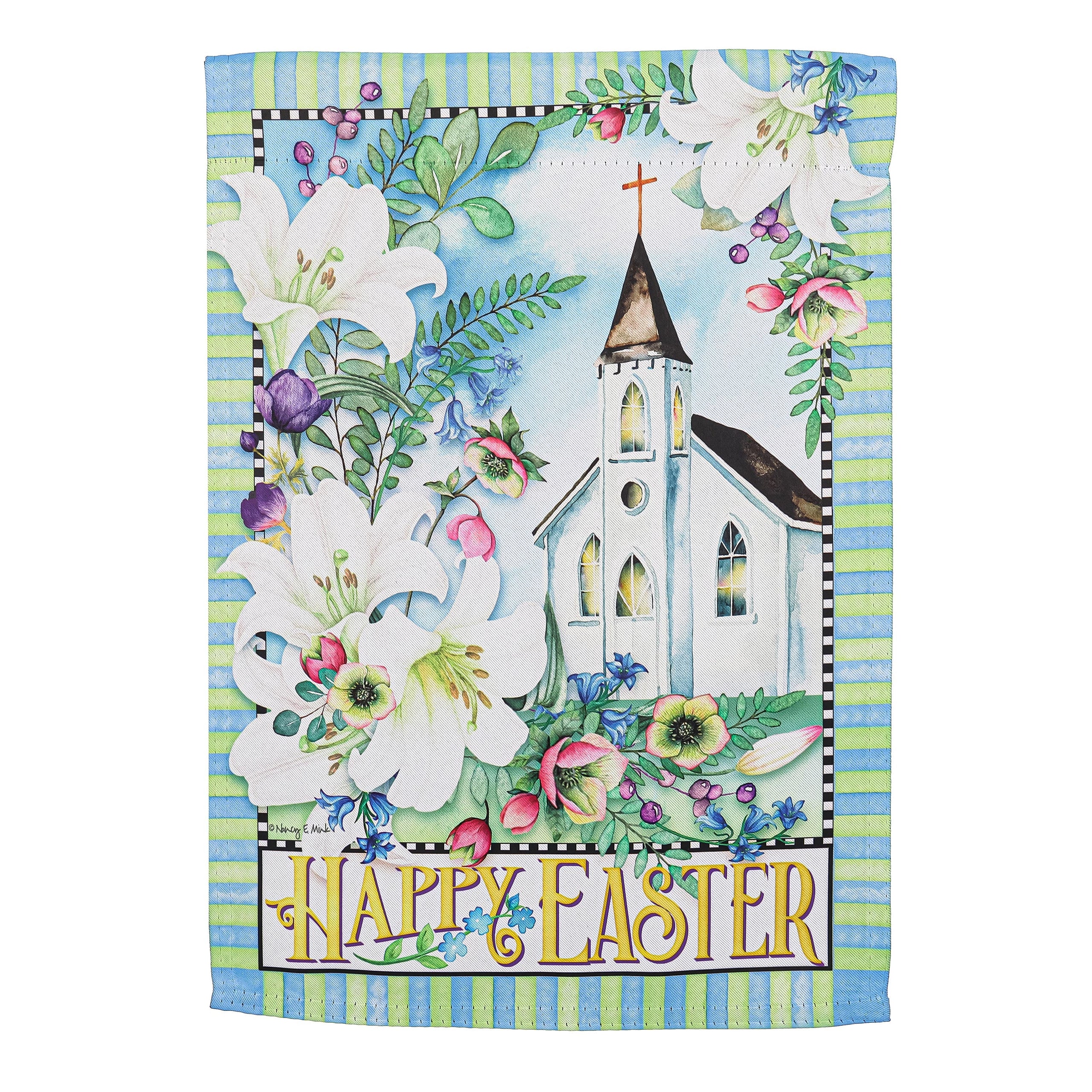Easter Church with Flowers Suede House Flag