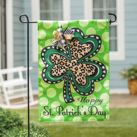 Animal Print Shamrock Garden Burlap Flag