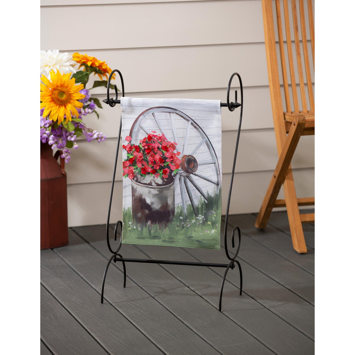 Floral Milk Can Garden Burlap Flag