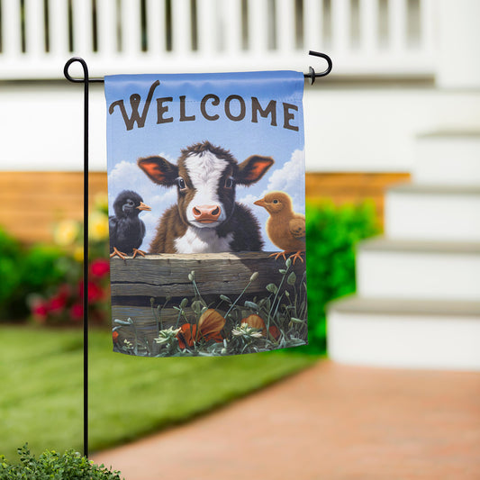 Hillside Pasture Cow and Chicks Suede Garden Flag