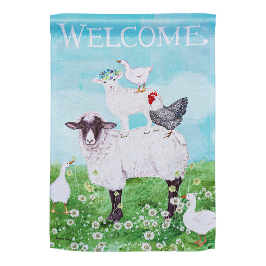 Hillside Pasture Welcome Farm Friends Suede Garden Flag