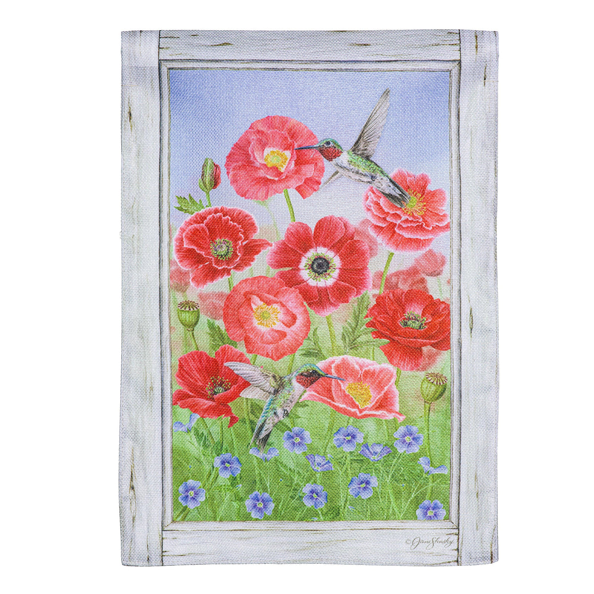 Poppy's and Hummingbirds Burlap Garden Flag