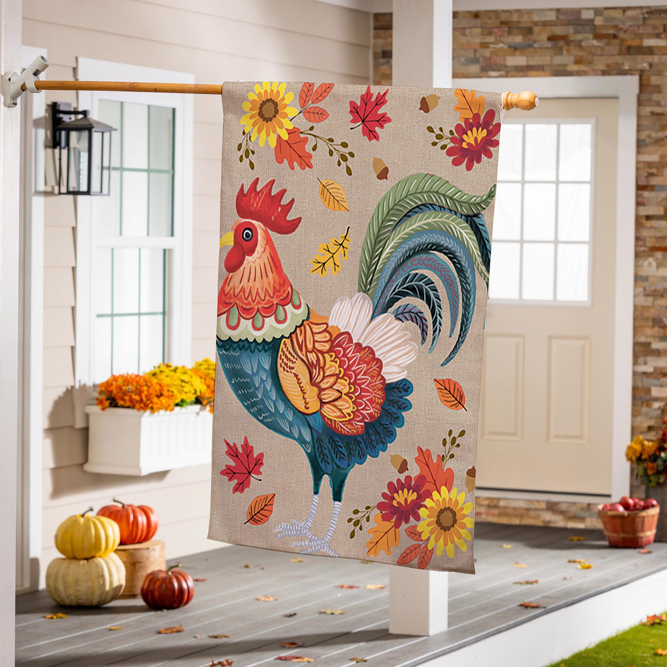 Harvest Rooster Burlap House Flag