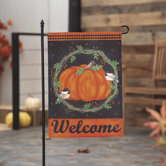 Chickadee and Pumpkin Burlap Garden Flag