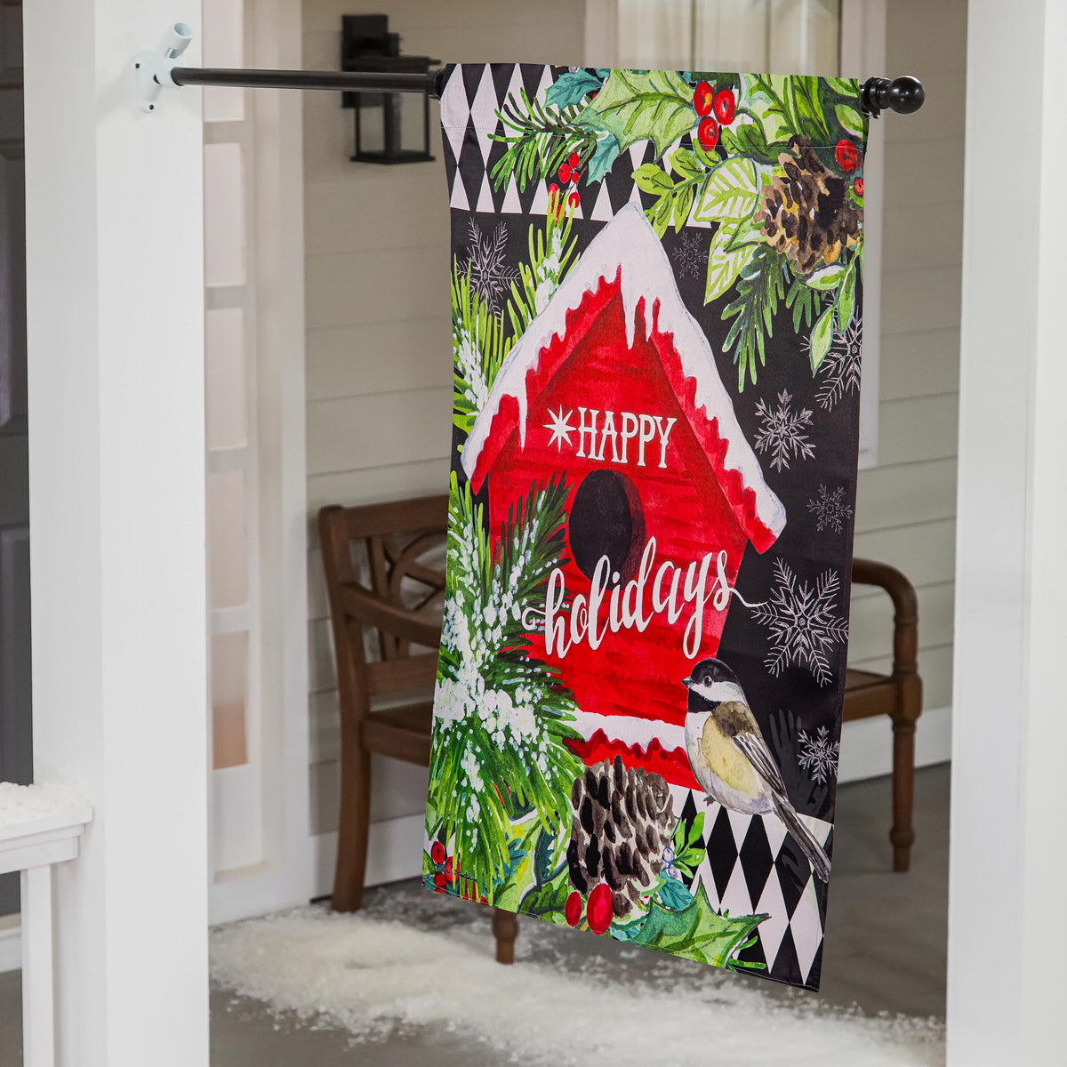 Floral Red Birdhouse Suede House Flag
