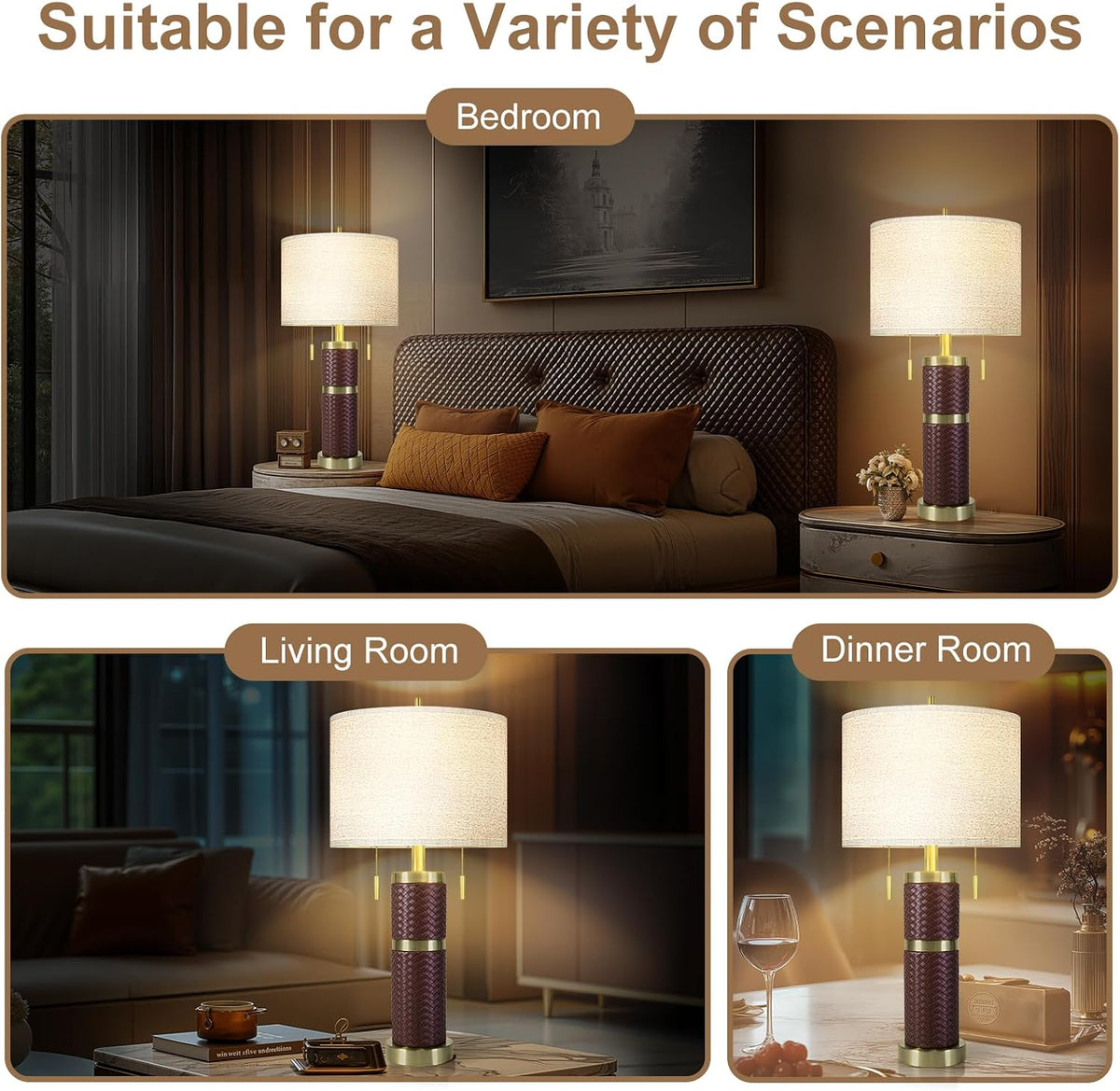 KIVDITZO Set of 2 25-Inch Woven Leather Table Lamps for Nightstands
