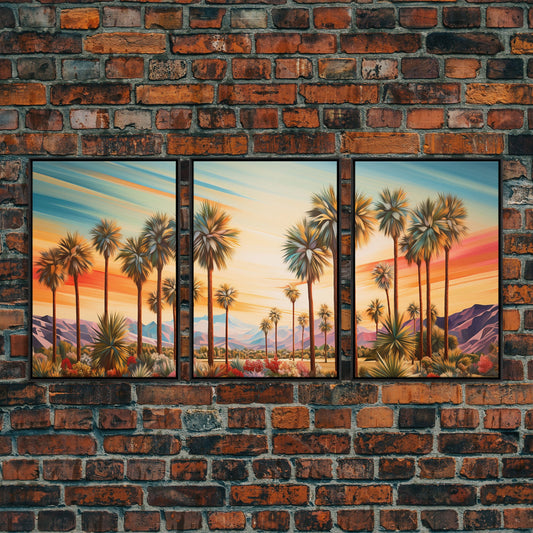 Retro Vibes, Arizona Desert Sunset, Framed Canvas Prints, 3 Piece Wall Art, Arizona Desert, Vintage Style Landscape Art, Southwestern Decor