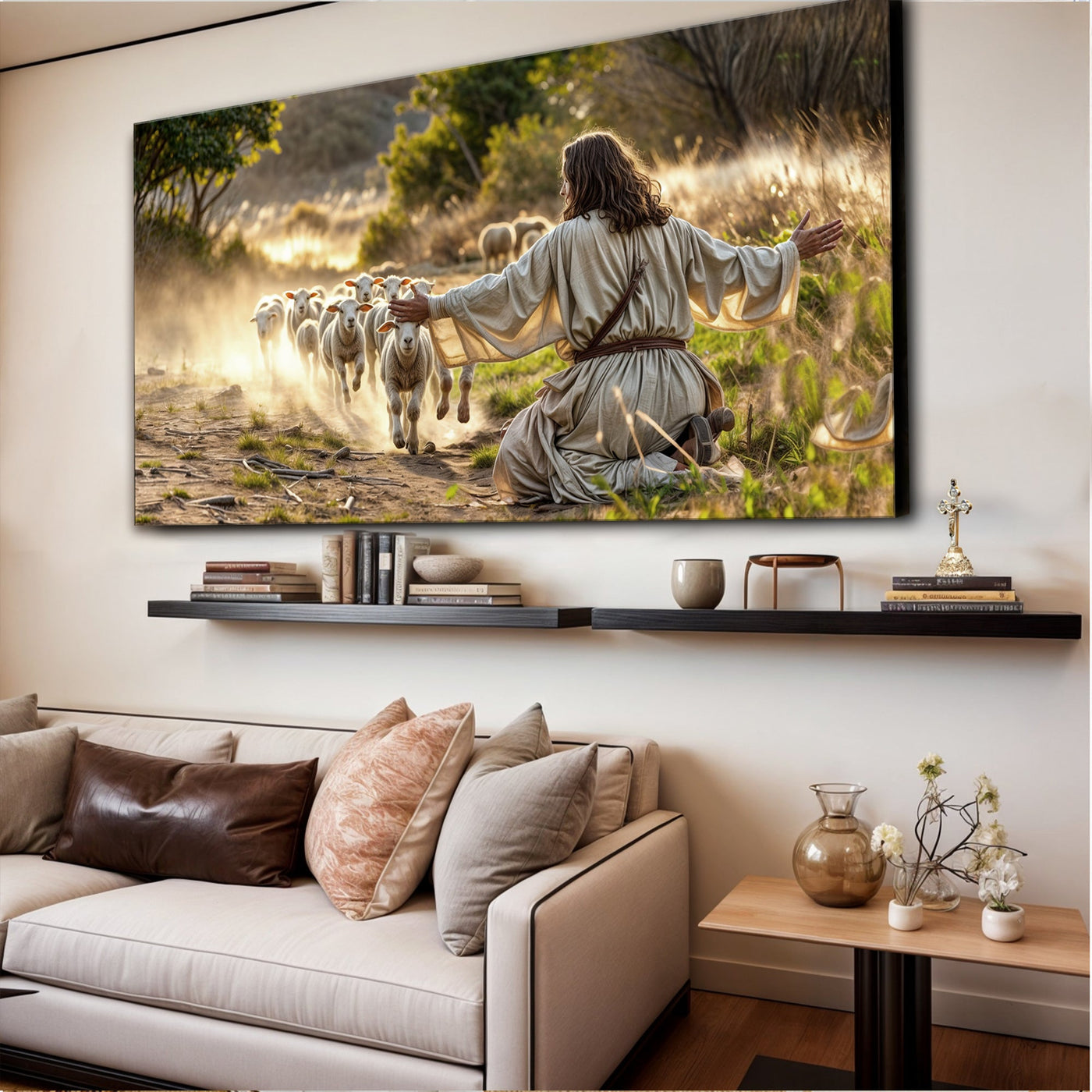 Canvas wall art titled "Jesus Protects The Lamb From Wolves" by Tailored Canvases, depicting a religious scene with a lamb and wolves.