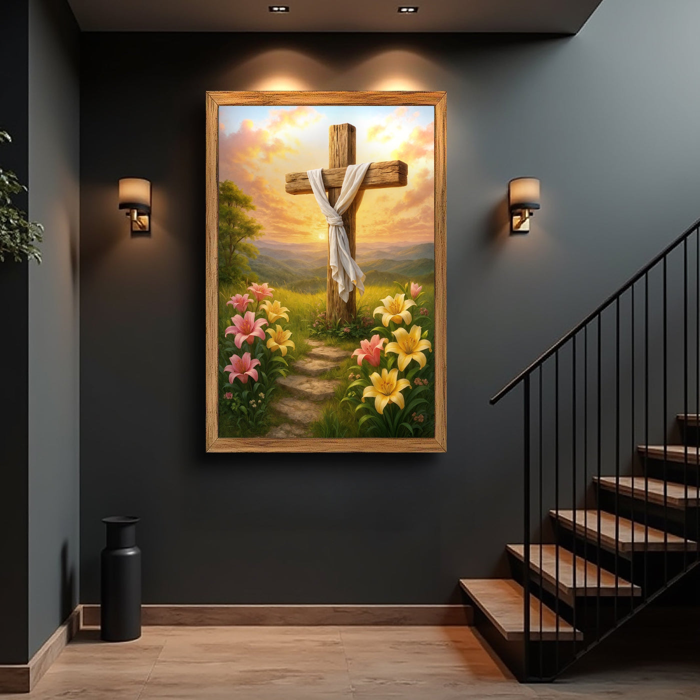 Canvas wall art featuring a cross and floral design by Tailored Canvases, with vibrant colors and inspirational religious imagery.