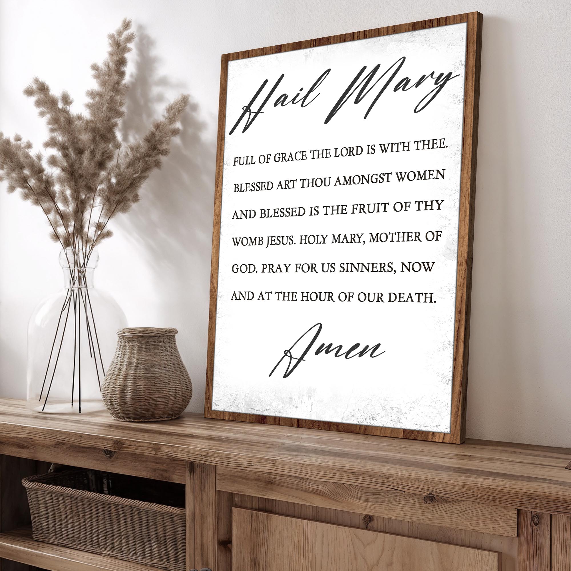 Canvas faith sign with "The Hail Mary" printed on it, designed by Tailored Canvases, featuring religious message on a textured background.