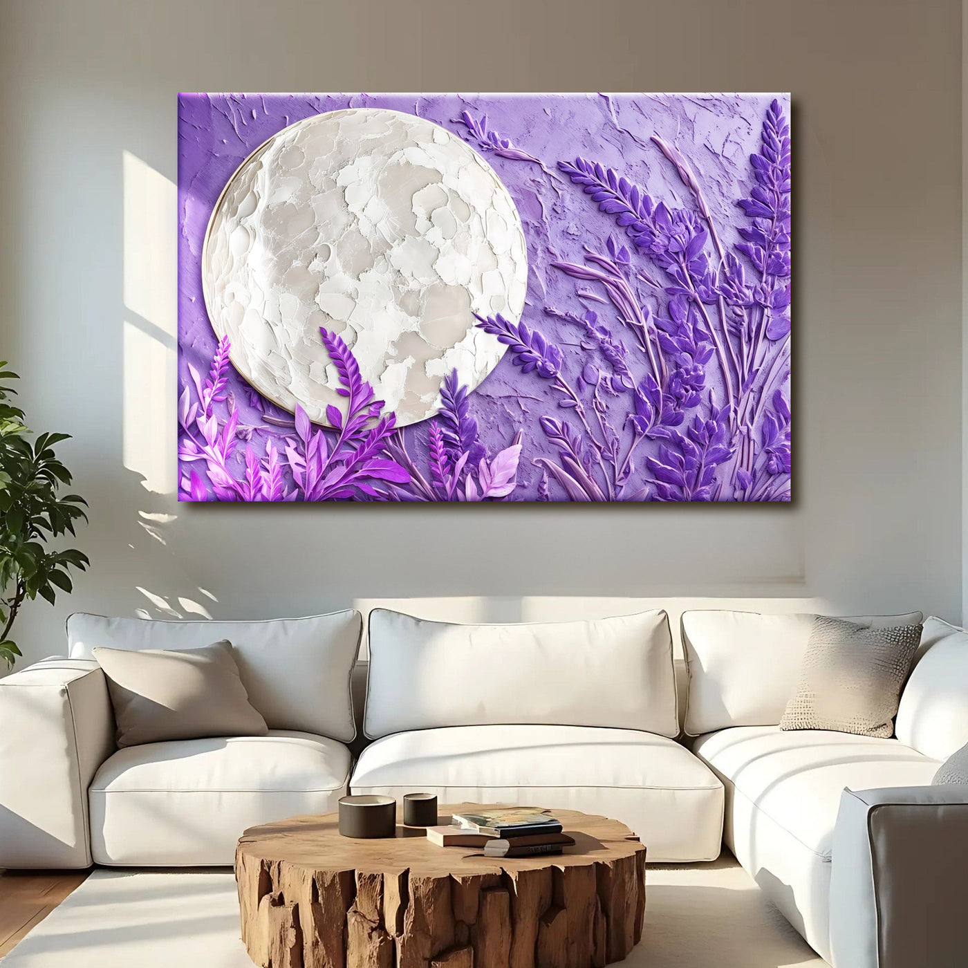3D lavender moon wall art canvas by Tailored Canvases featuring a dreamy moon and floral lavender design.