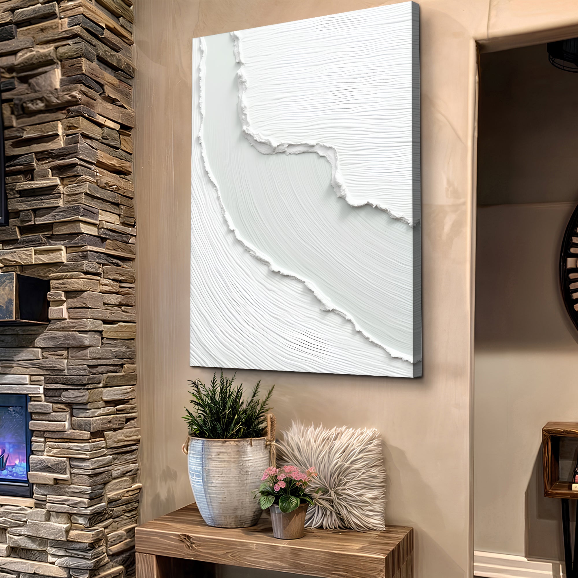 Abstract minimalist wave wall art on canvas by Tailored Canvases, featuring flowing lines and modern design for contemporary decor.