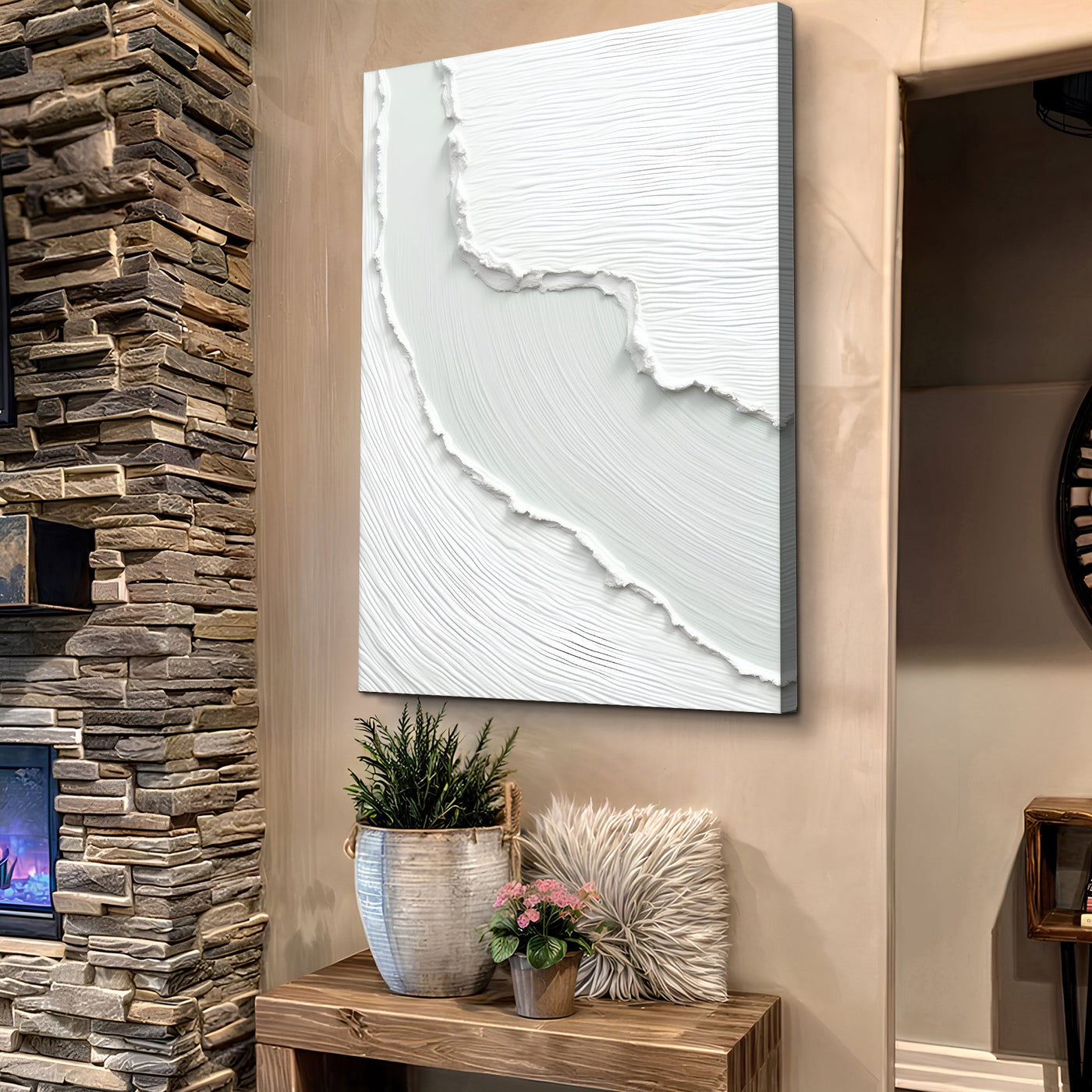 Abstract minimalist wave wall art on canvas by Tailored Canvases, featuring flowing lines and modern design for contemporary decor.