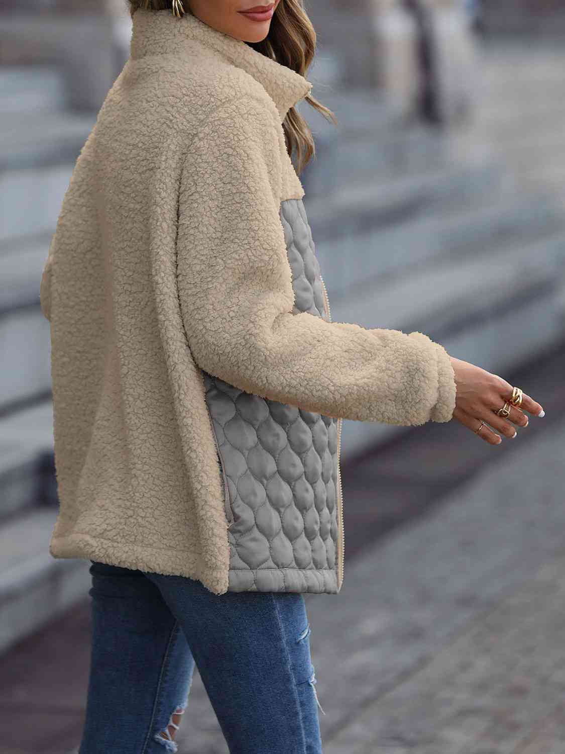 Unique Autumn Leopard Color Block Zip-Up Jacket Trendy Lightweight Jacket with Pockets Charming Winter Jacket