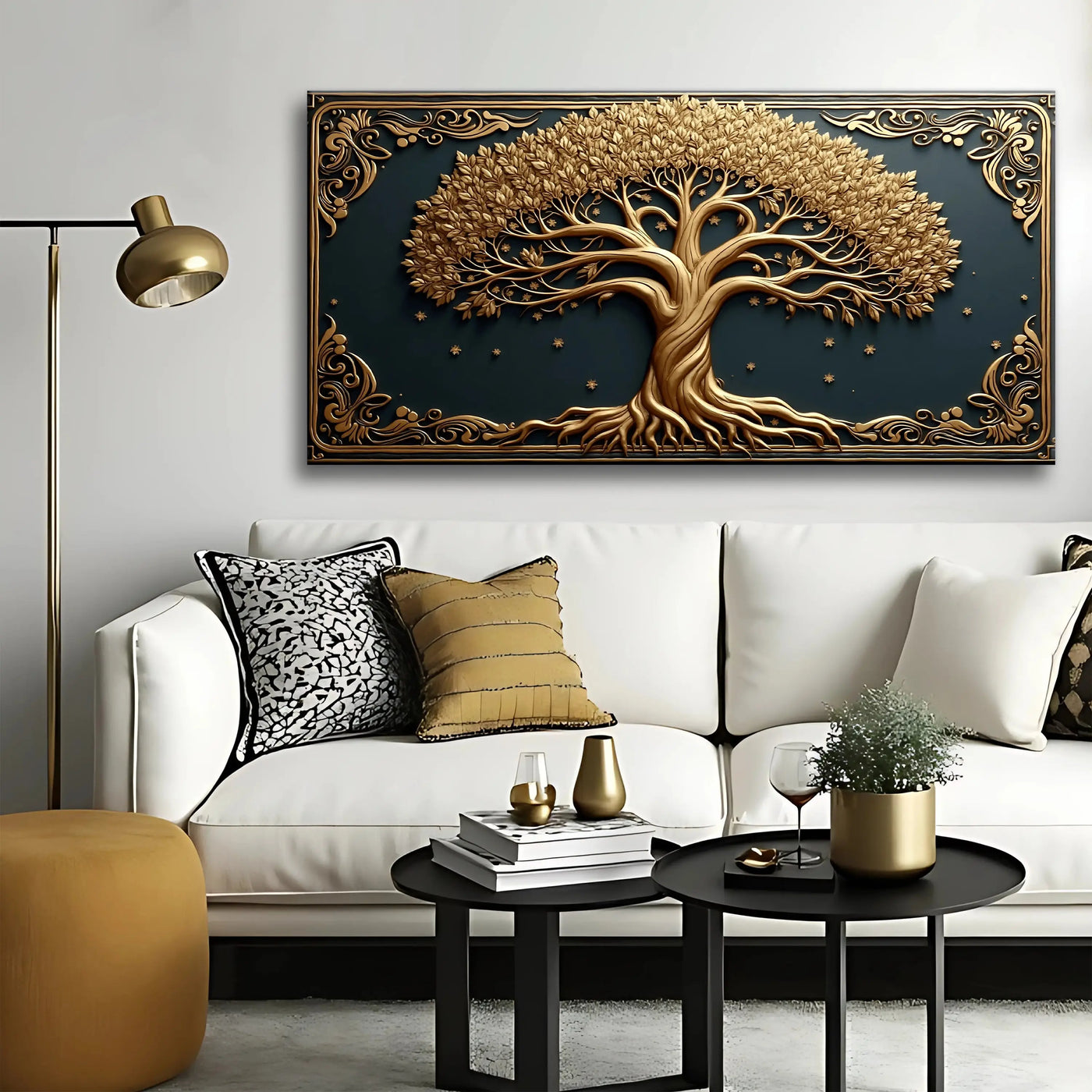Golden intricately carved 3d celtic tree of life wall art with detailed roots and leaves on dark teal background