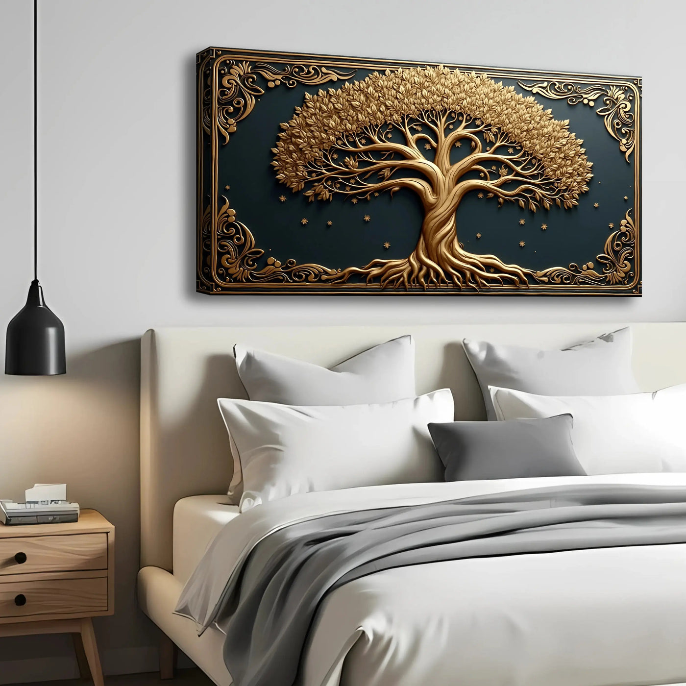 Golden intricately carved 3d celtic tree of life wall art with detailed roots and leaves against a dark teal background