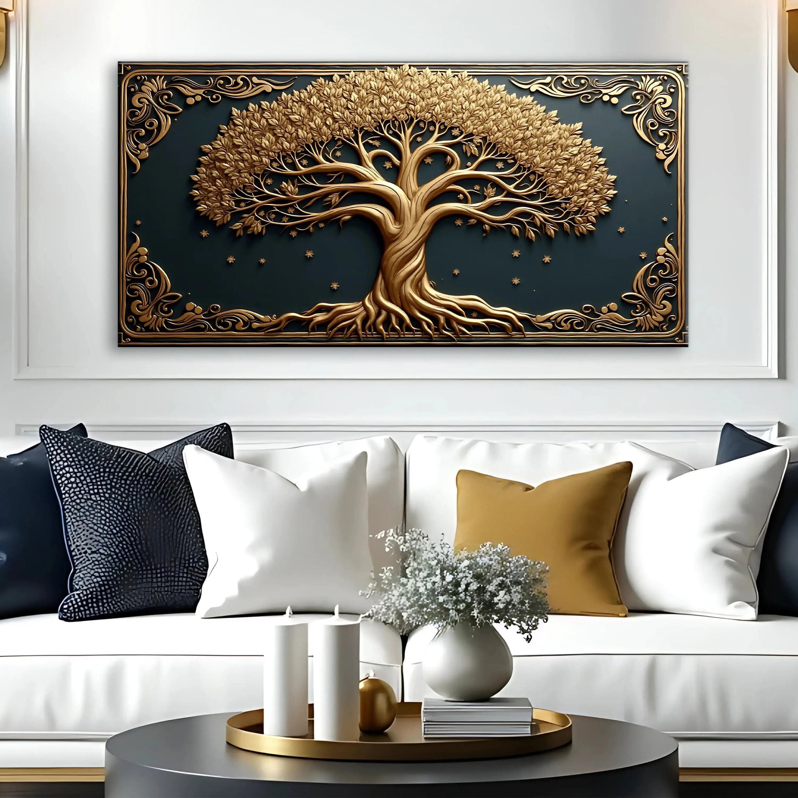 Golden 3d celtic tree of life wall art with intricate roots and branches on dark teal background