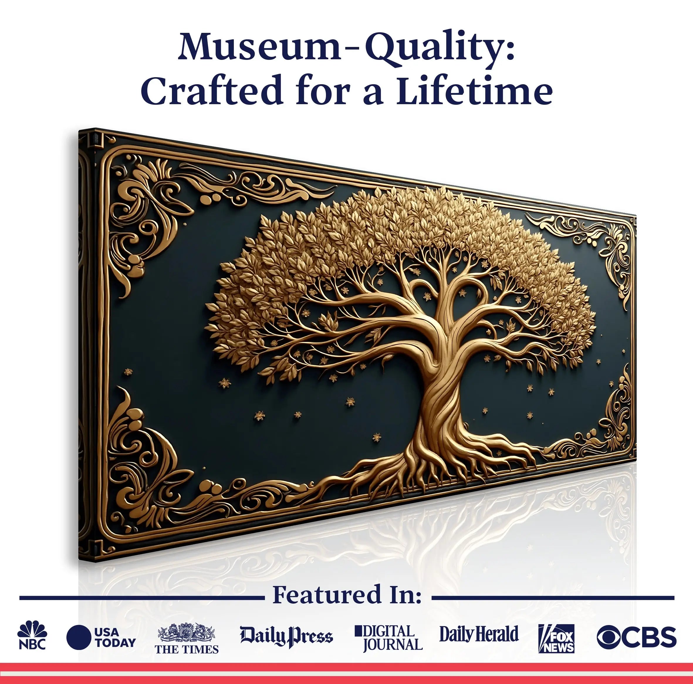 Golden 3d celtic tree of life wall art with intricately carved roots and branches on a dark background