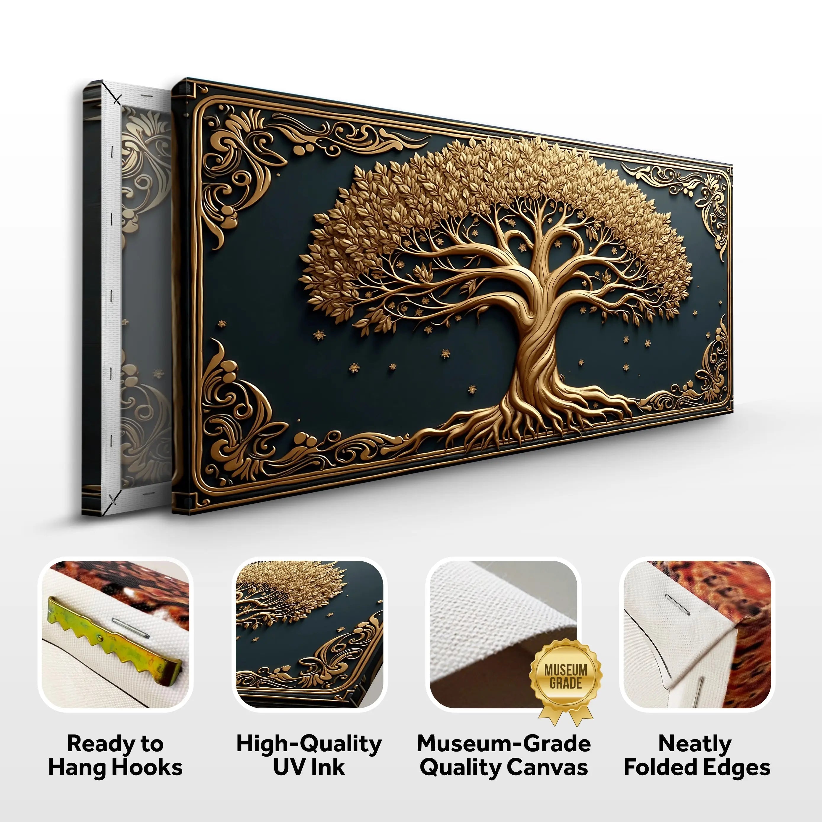 Golden 3d celtic tree of life canvas print with intricate details and ornate gold frame on dark teal background wall art