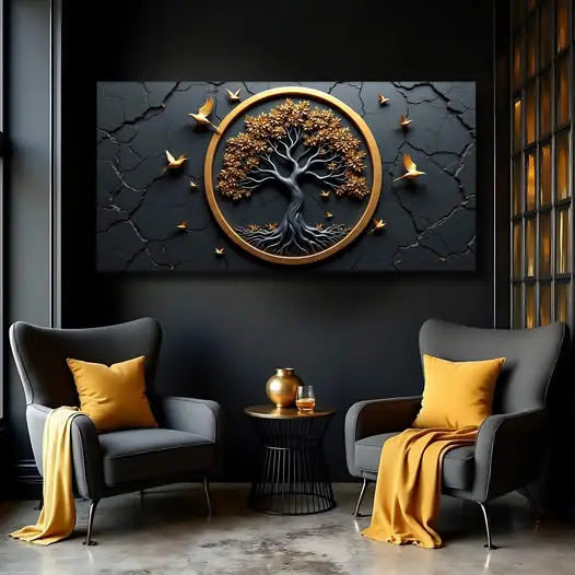 3d celtic tree of life wall art featuring intricate golden roots and branches in a circular frame on a black background