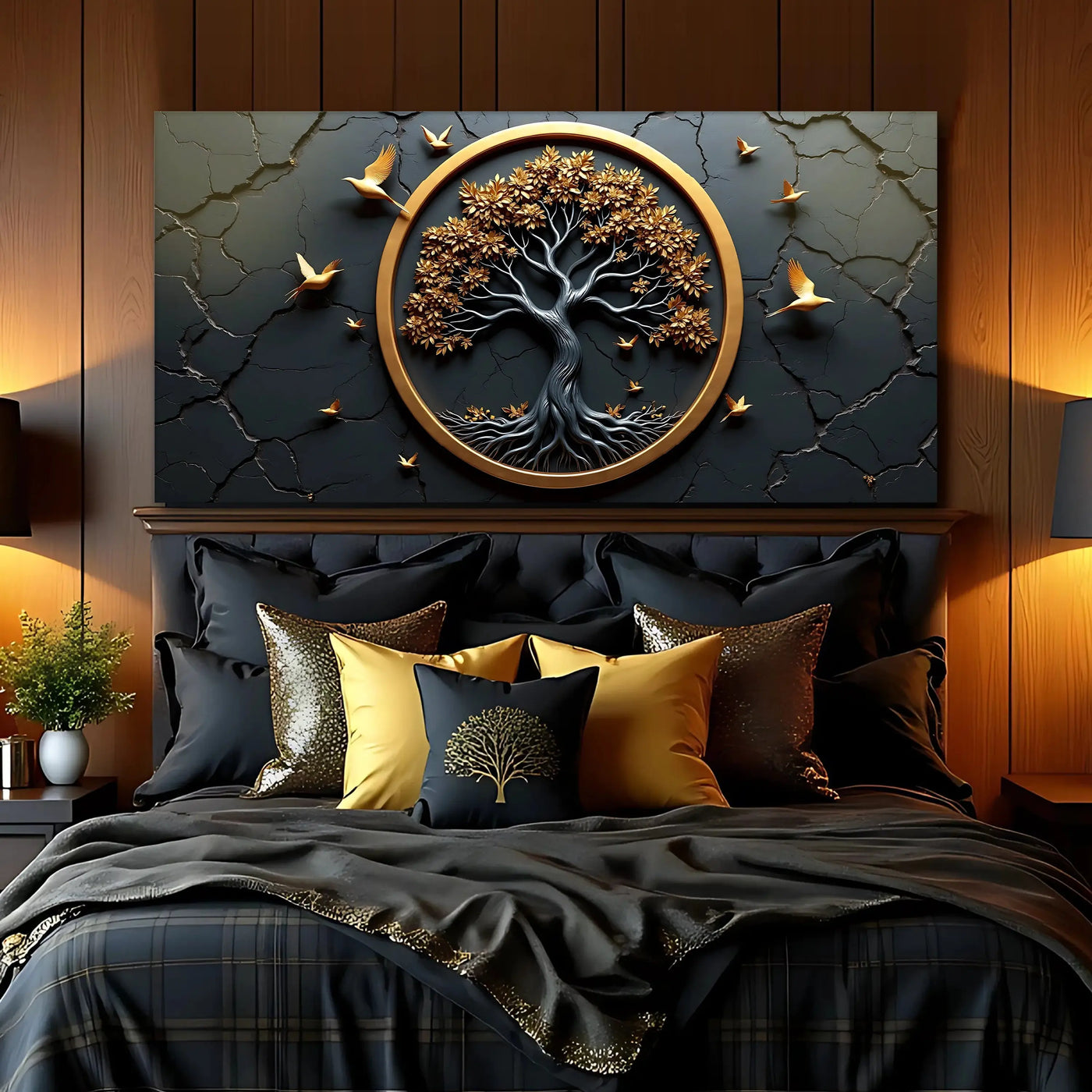 3d celtic tree of life wall art featuring black and gold design with intricate roots golden leaves and birds in flight