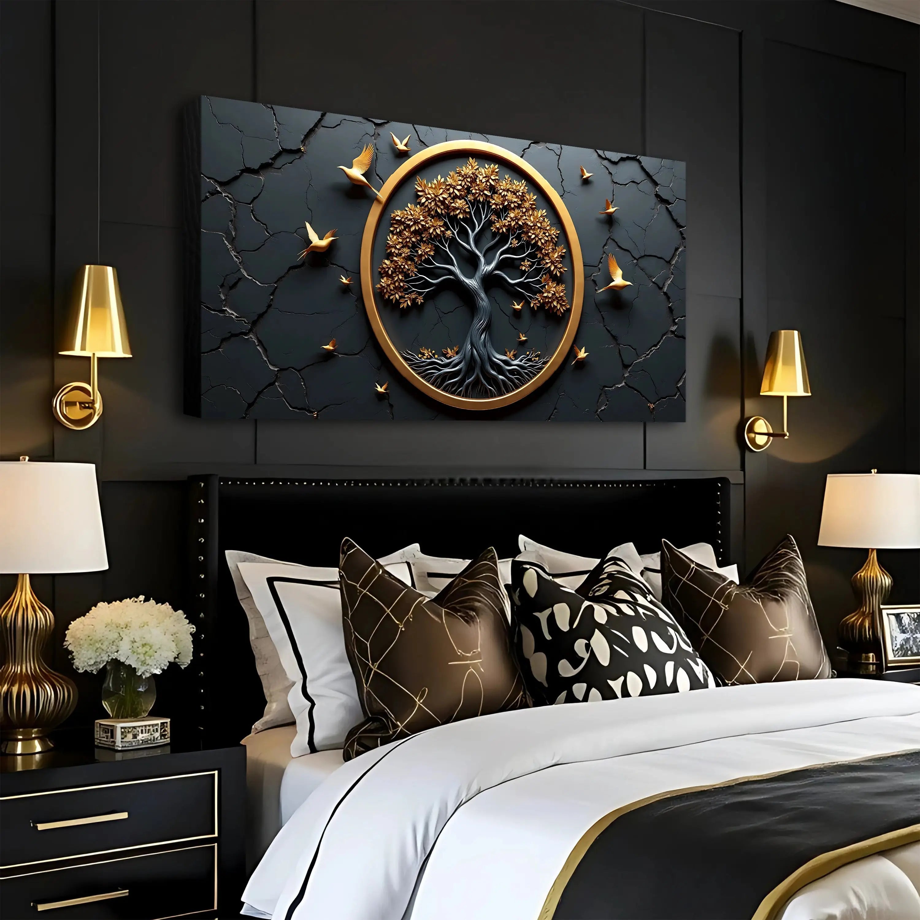 Black and gold 3d celtic tree of life wall art with intricate roots branches and golden birds on cracked dark background