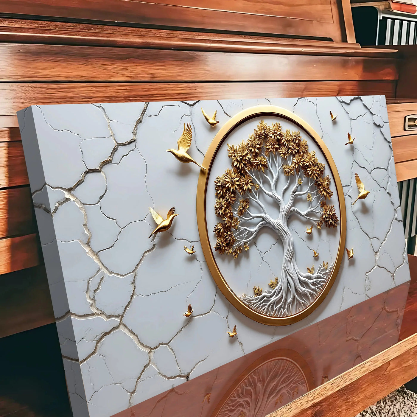 3d celtic tree of life wall art featuring white and gold tree with golden birds on cracked gray marble background