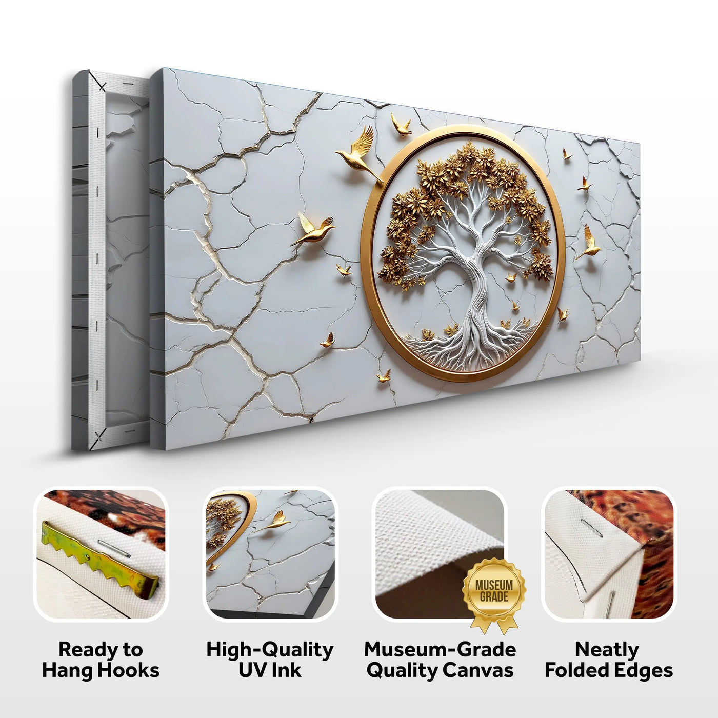 White and gold 3d celtic tree of life wall art canvas with crackled texture and golden birds in flight around circular frame