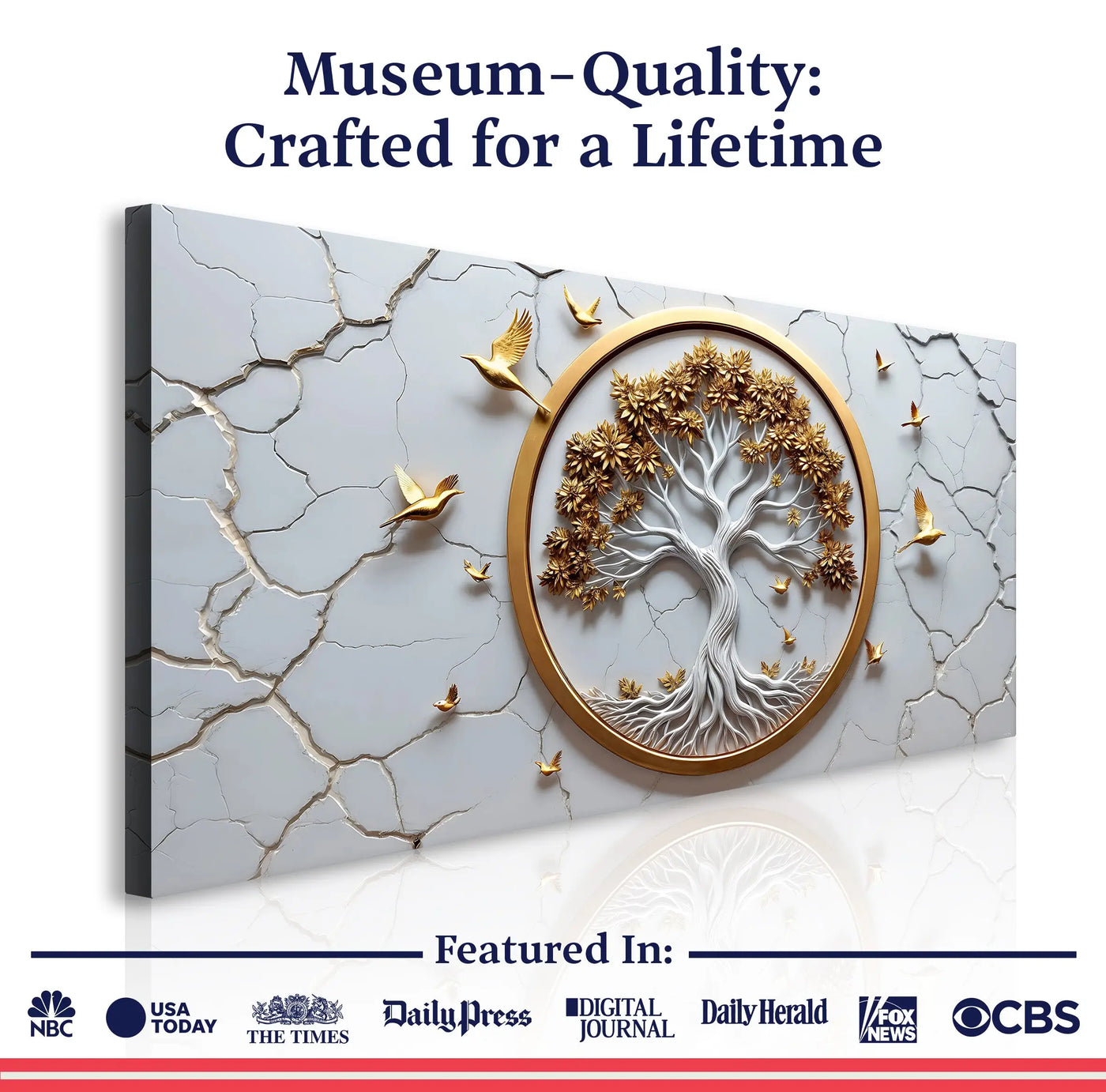 3d celtic tree of life wall art white and gold canvas print with central tree and golden birds on cracked marble background