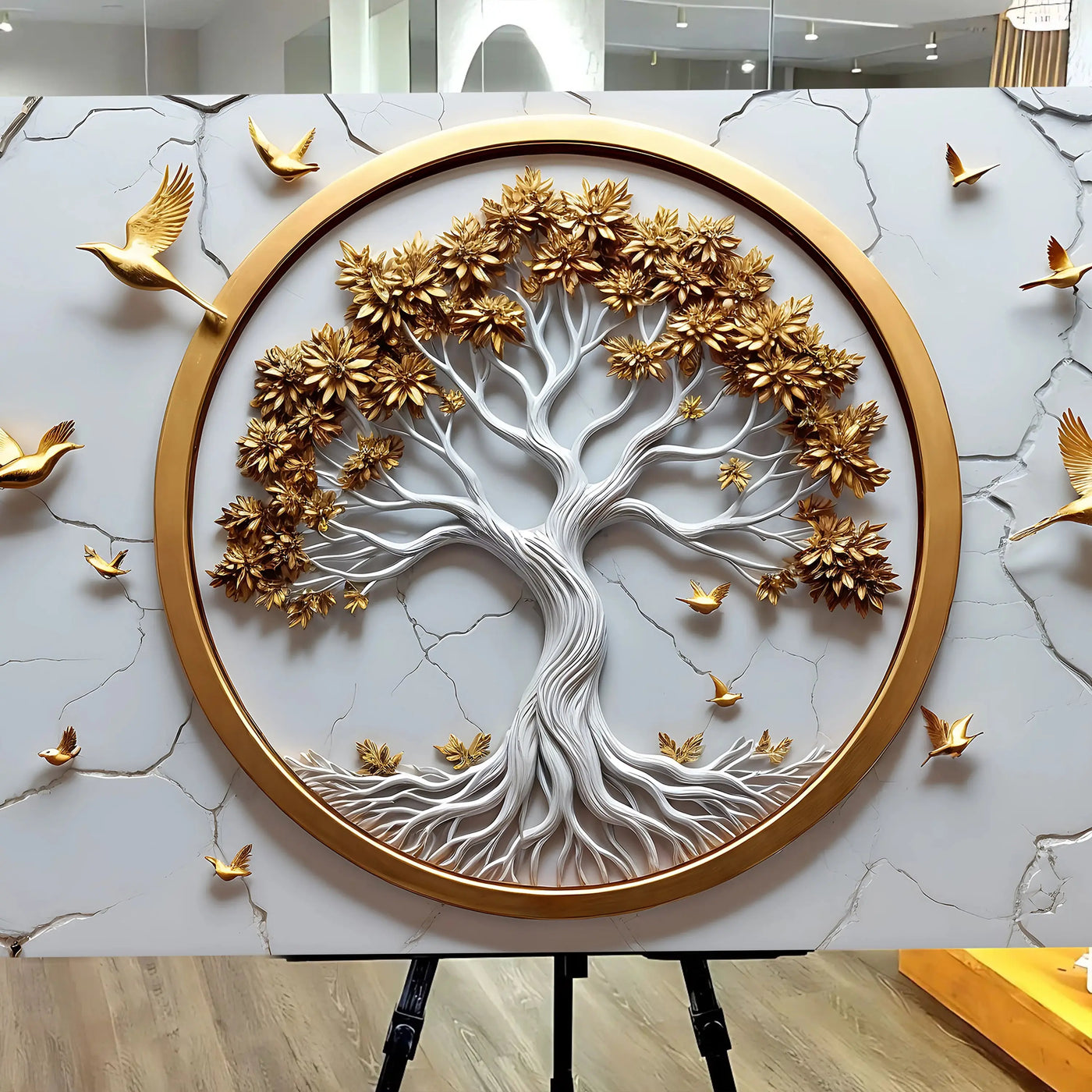 3d celtic tree of life wall art in gold and white with sculpted branches blossoms and birds in a circular frame