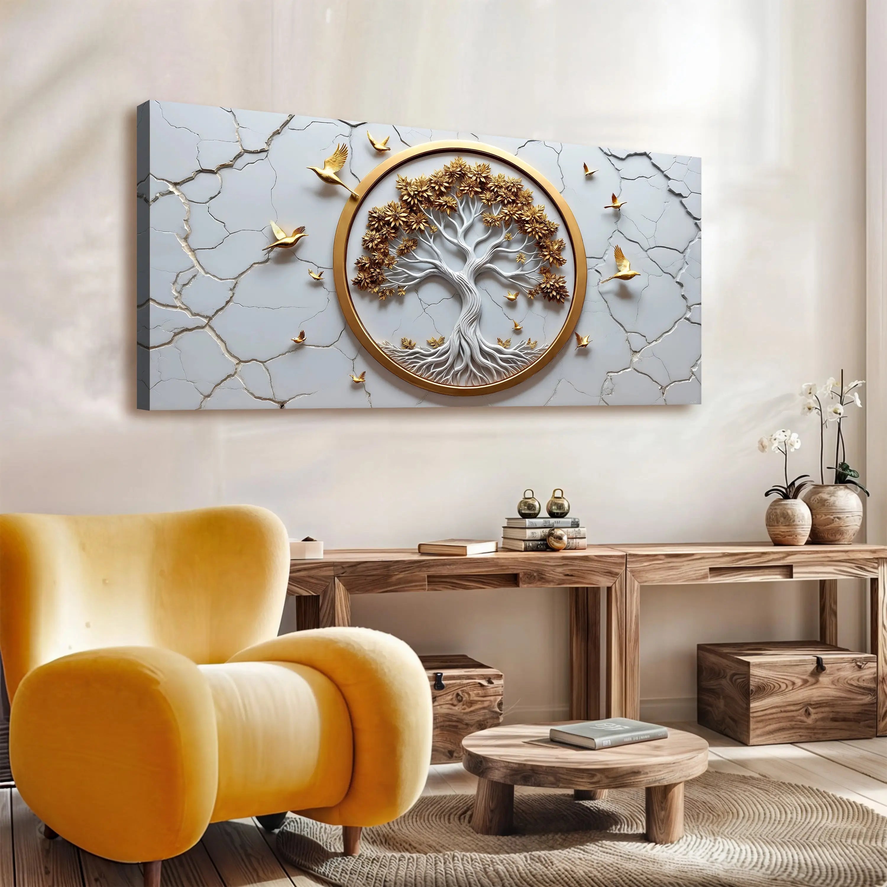 3d celtic tree of life wall art featuring a golden tree with roots and blossoms in a gold frame on a cracked gray background