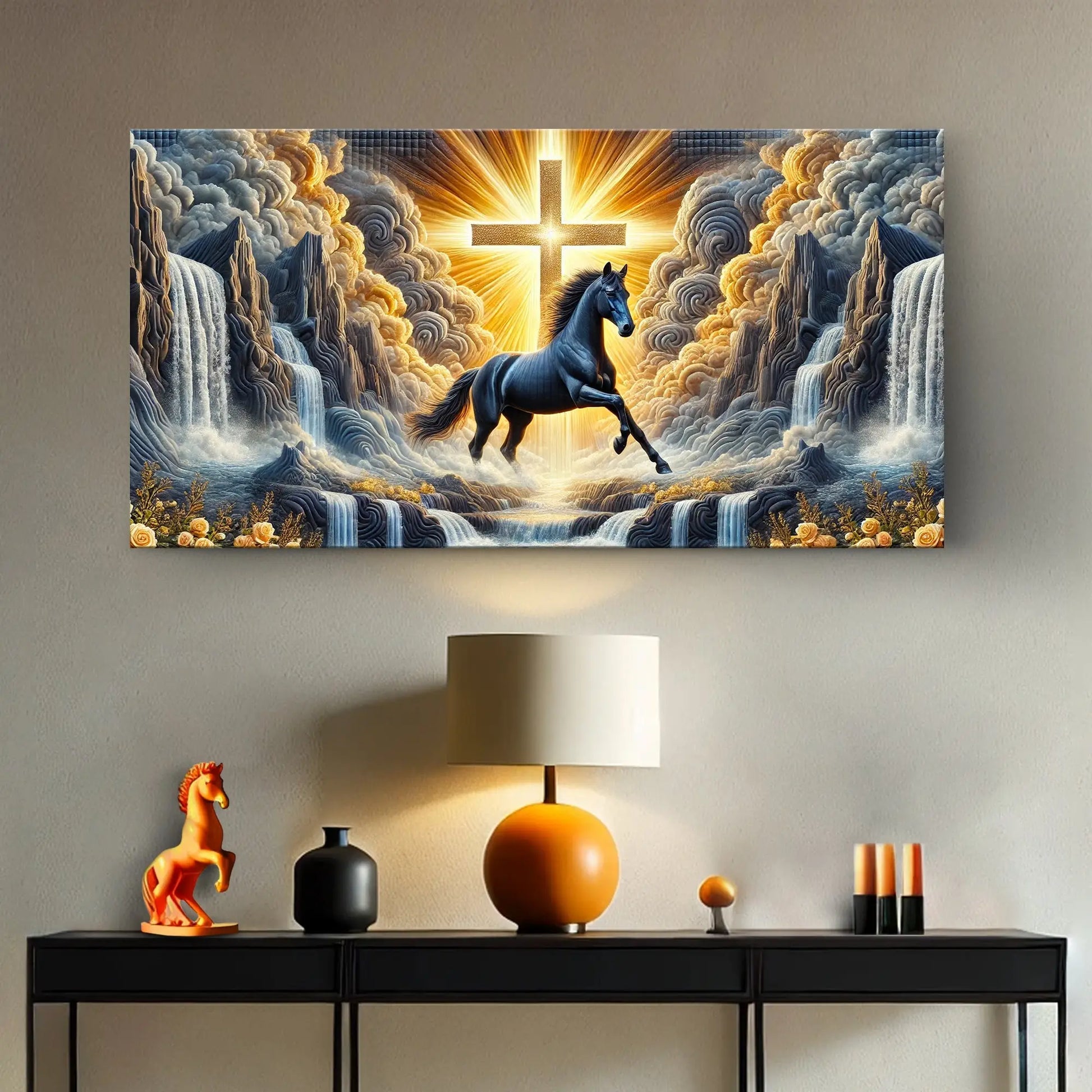 3d horse faith wall art iii featuring a black horse sculpture with a golden cross and waterfall backdrop in an ornate frame