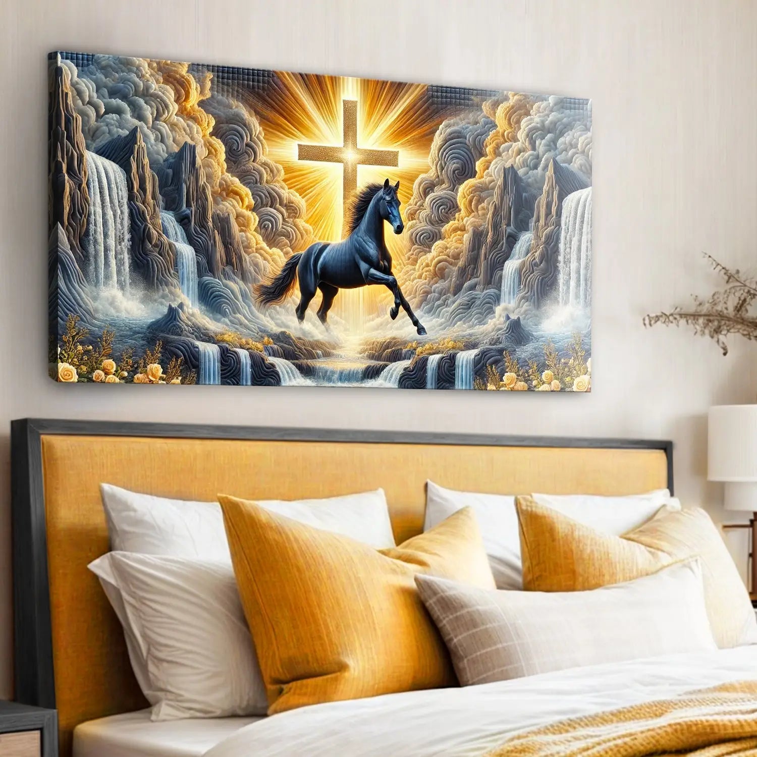 3d horse faith wall art iii featuring a striking black horse galloping through a golden landscape with a glowing cross