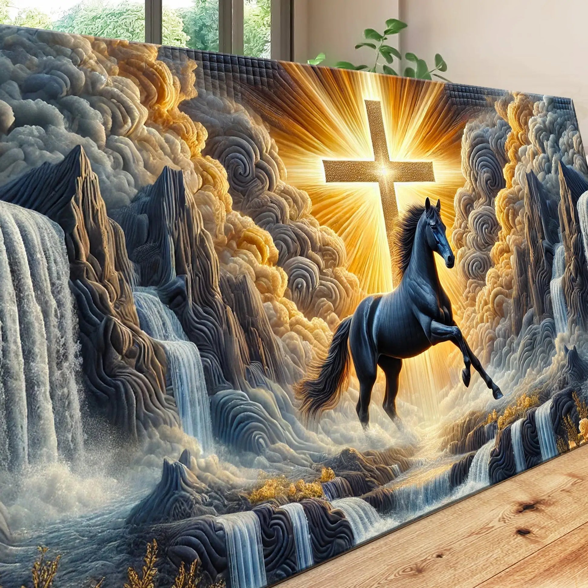 3d horse faith wall art iii features a striking black horse leaping with golden light from a cross in a dramatic landscape