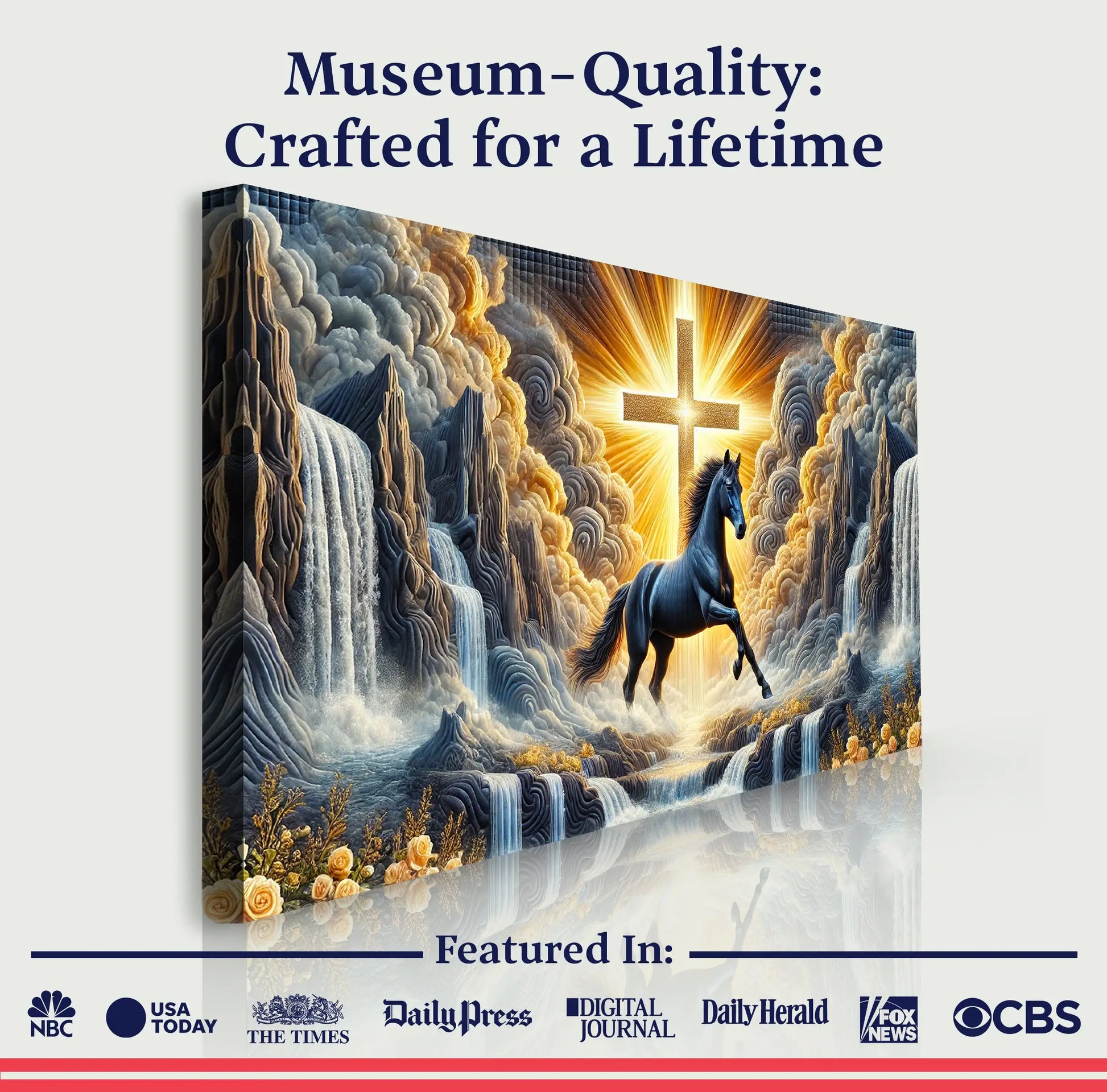 Black horse canvas print featuring a radiant golden cross and cascading waterfalls 3d horse faith wall art iii