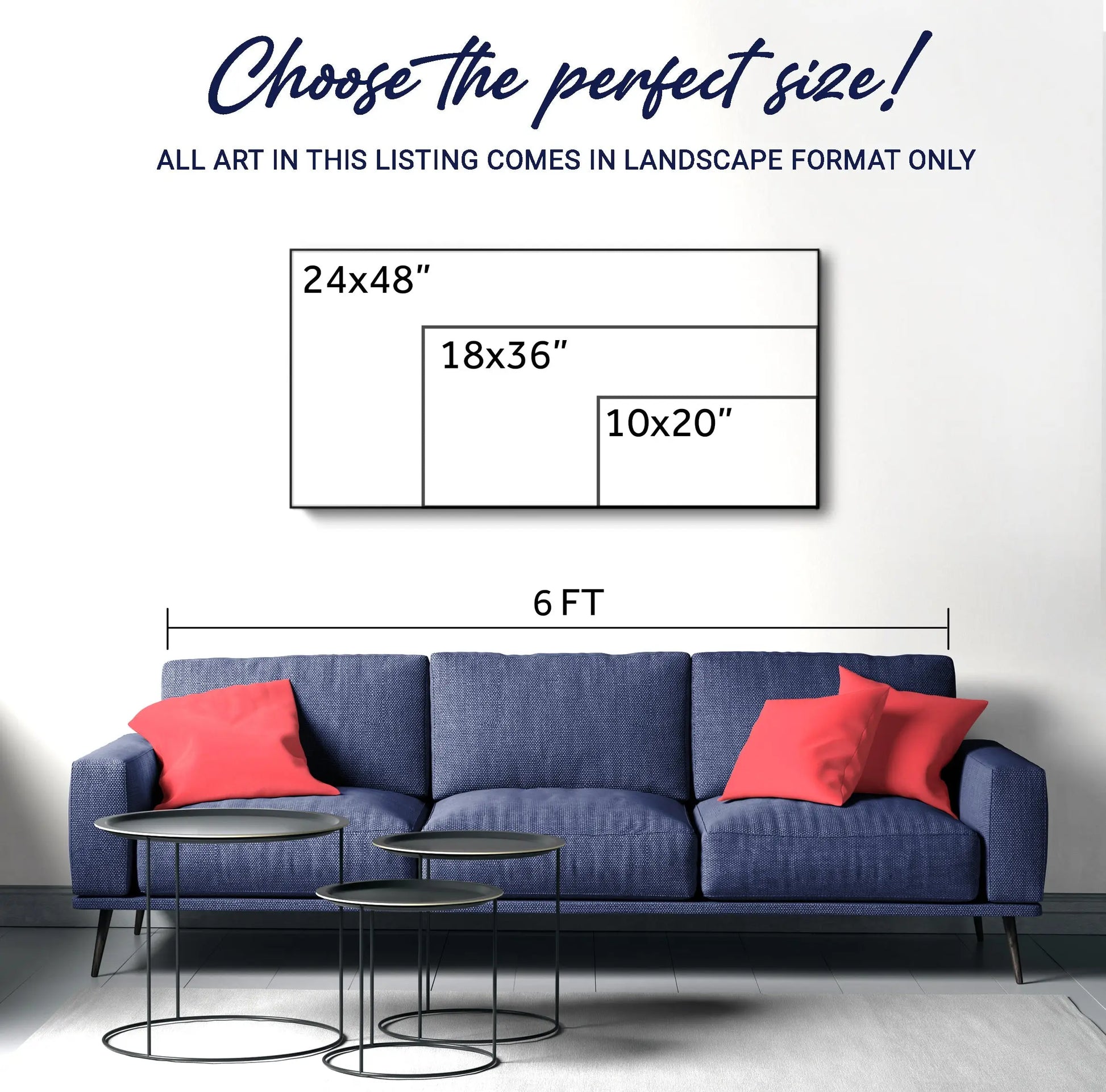 Blue upholstered sofa with red throw pillows featured beneath 3d horse faith wall art iii print