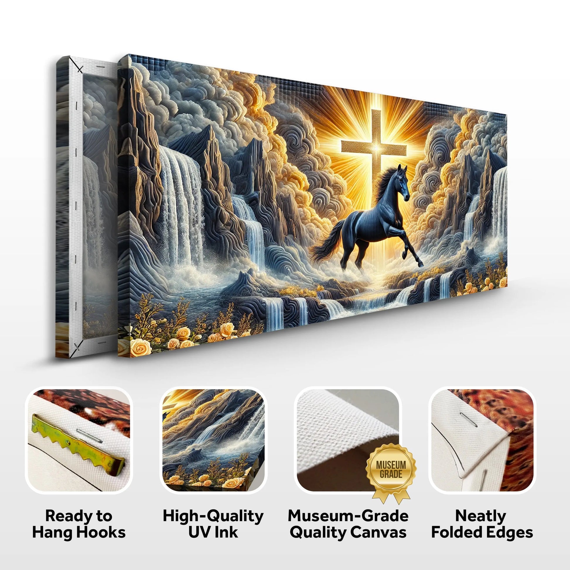 A vibrant 3d horse faith wall art iii canvas print of a black horse galloping through waterfalls under a golden cross