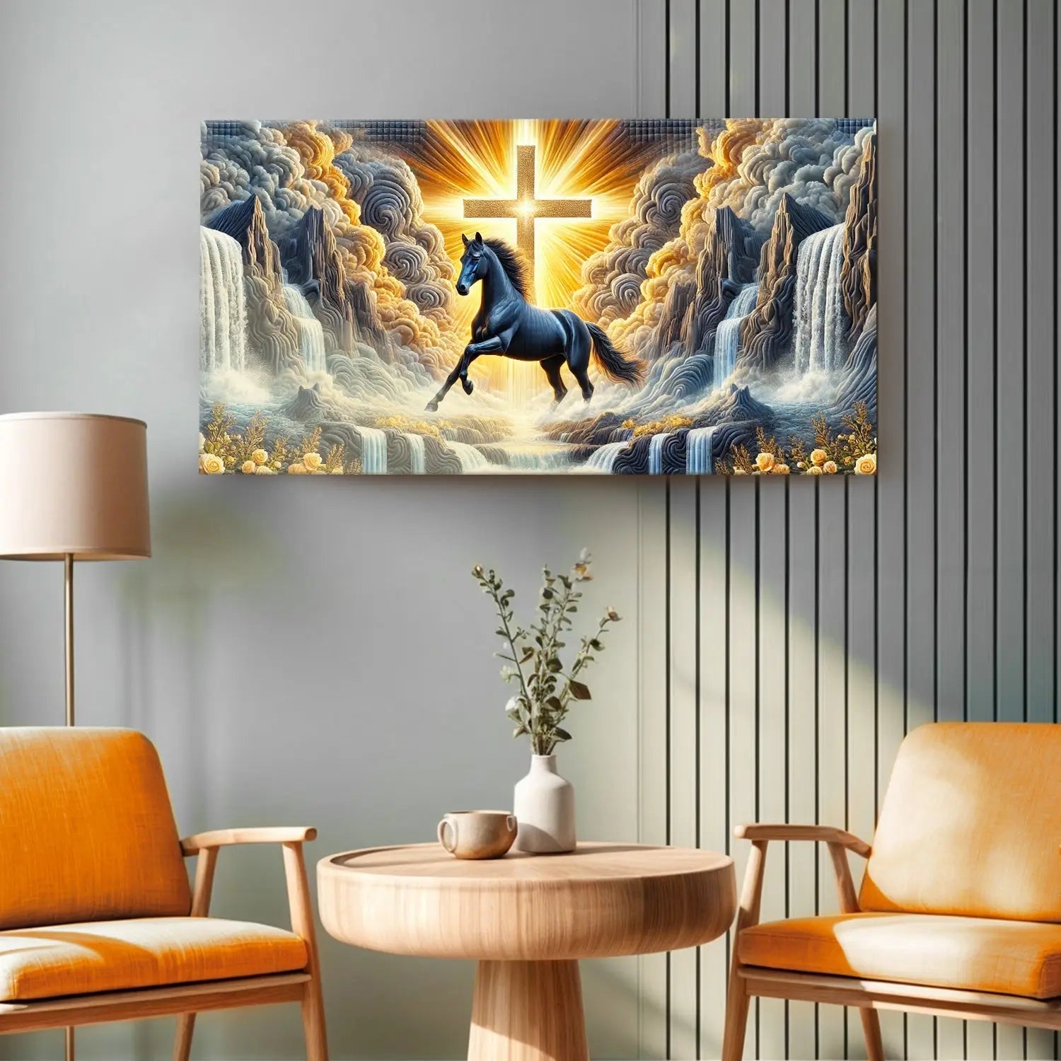 Vibrant rectangular canvas print of a black horse galloping through waterfalls with golden light and glowing cross