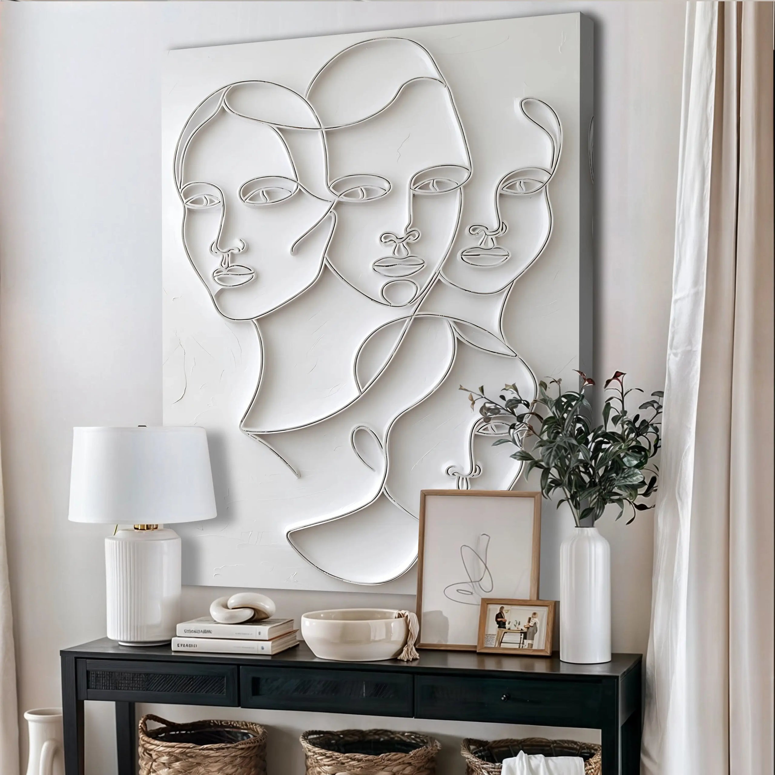 Silver wire 3d minimalist faces wall art featuring abstract face design in a sleek line art style for wall decor