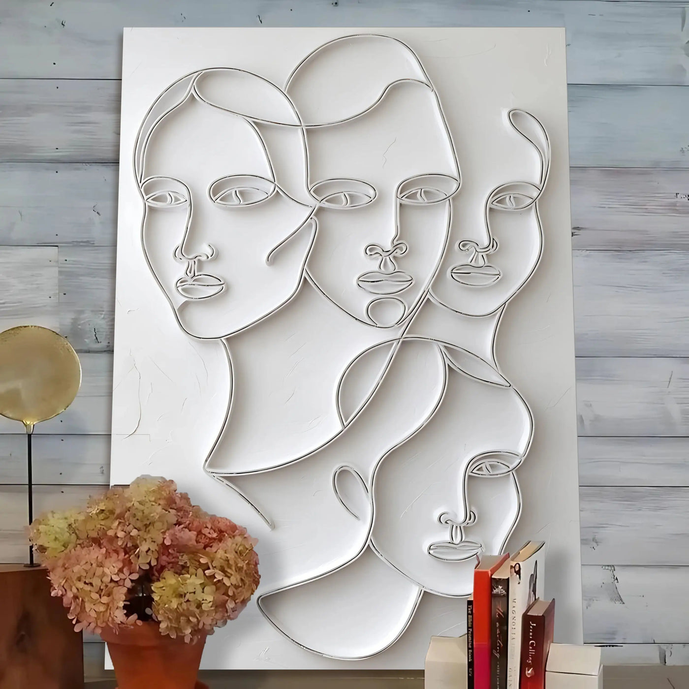 Silver wire abstract face art sculpture in 3D minimalist faces wall art mounted on white canvas