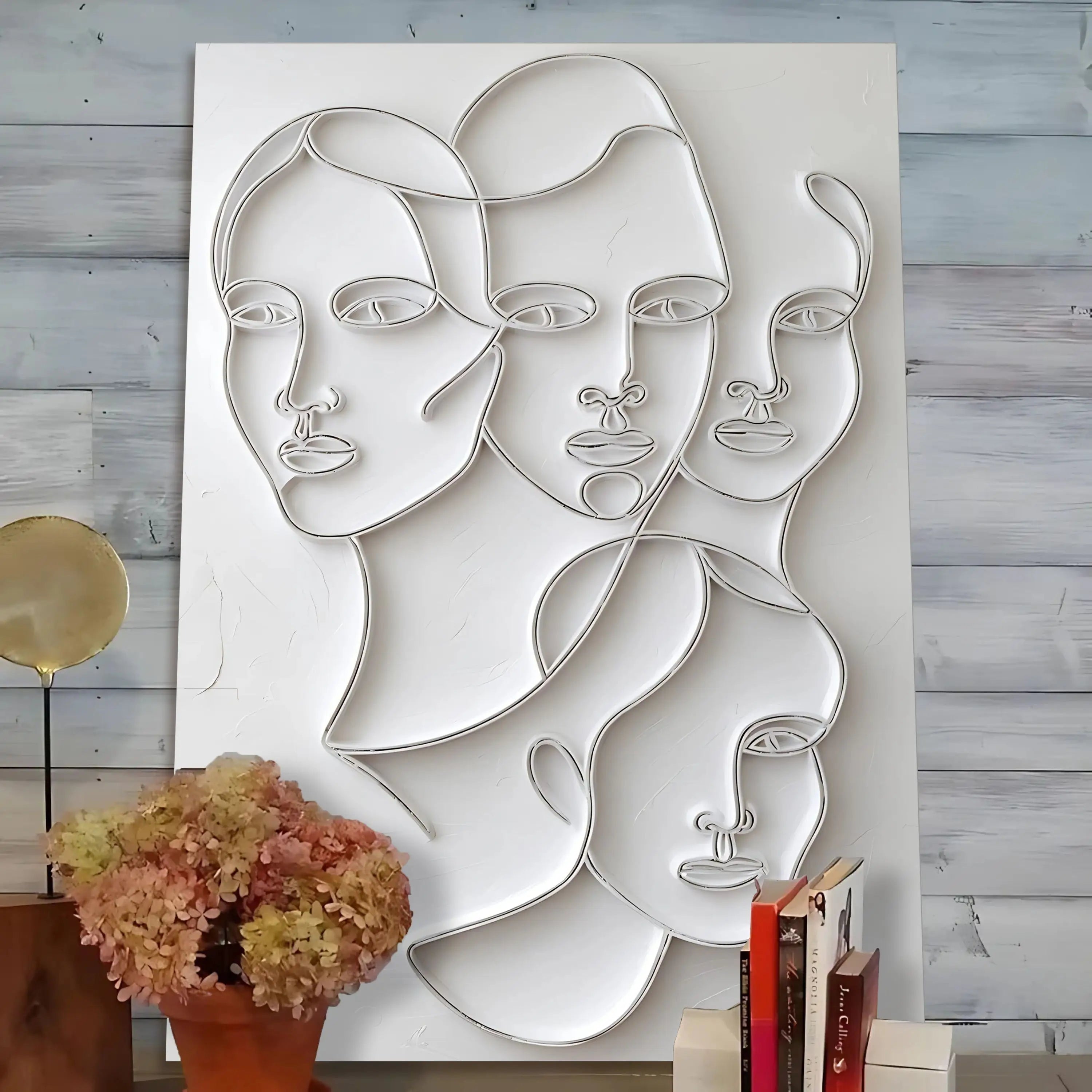 Silver wire abstract face art sculpture in 3D minimalist faces wall art mounted on white canvas