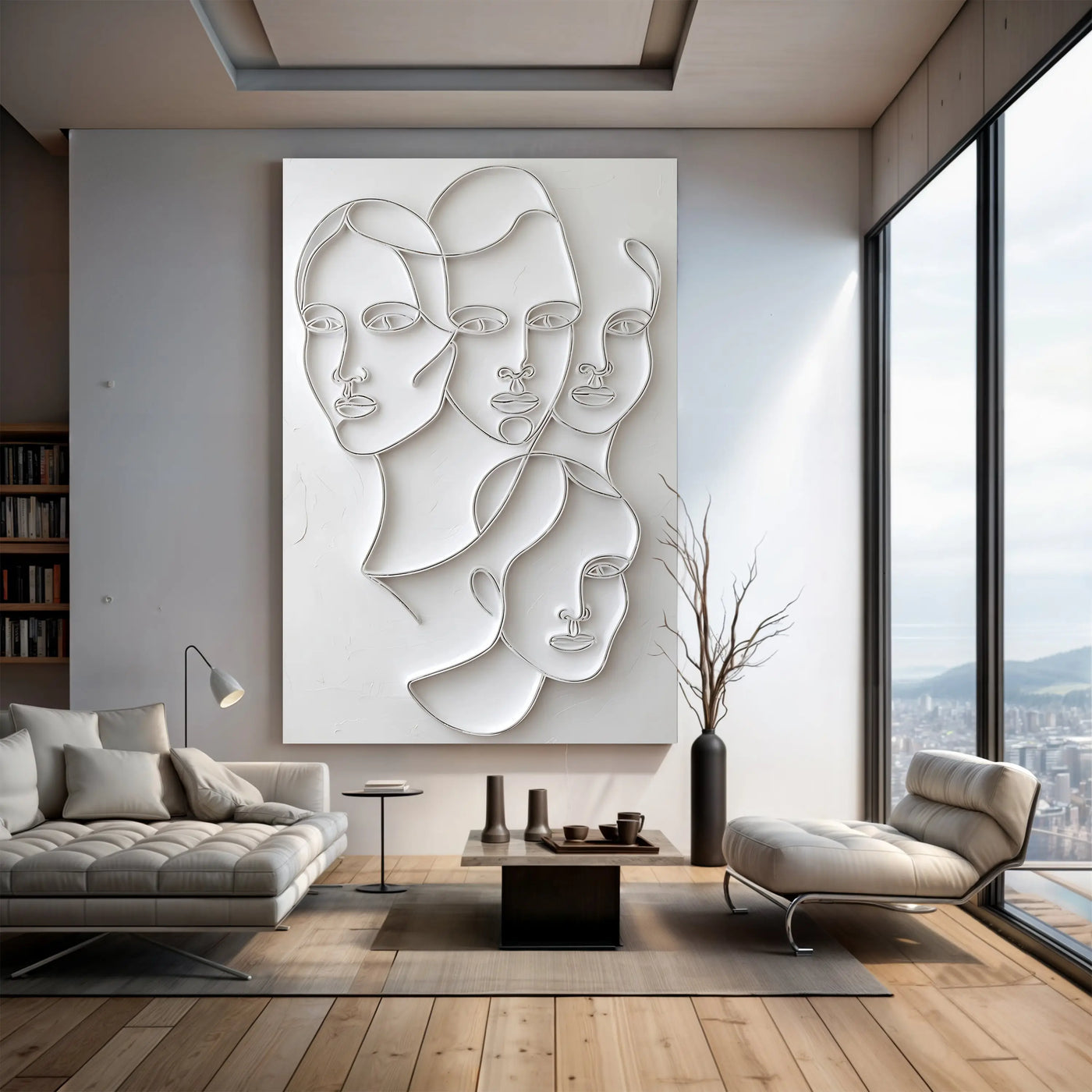 3d minimalist faces wall art featuring white abstract overlapping stylized female faces in modern line art design